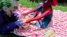 Spiderman vs Joker Ice Cream Food Fight w Frozen Elsa iPhone Fail Funny Superheroes