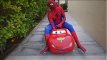 Spiderman CAR CRASH in POOL! McQueen Cars Power Wheels w/ Joker, Mickey Mouse, Hulk in Real Life
