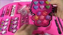 Hello Kitty Makeup Vanity Case! Light-Up Mirror! Brushes Nails Lip Gloss Body Glitter! Beauty Review