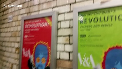 Water leaks through subway walls during storm in London