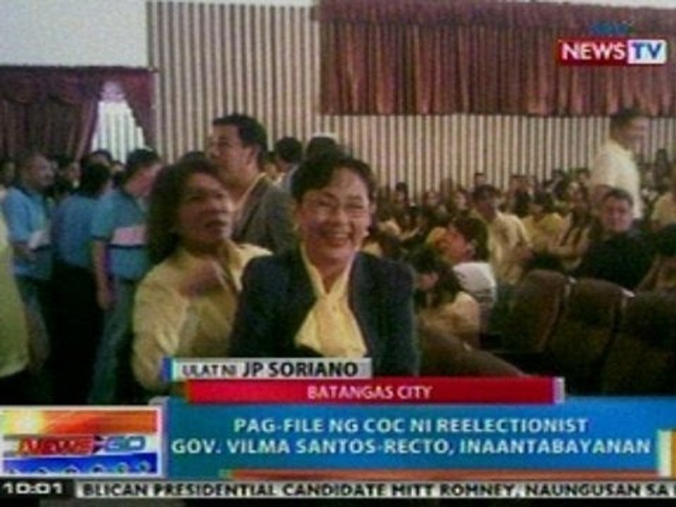 NTG: Pag-file ng COC ni re-electionist Batangas City Gov. Vilma Santos-Recto, inaantabayanan