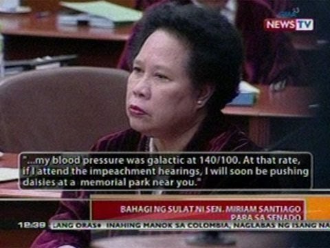 BT: Sen. Miriam Santiago, hindi muna makadadalo sa impeachment trial dahil sa high blood pressure