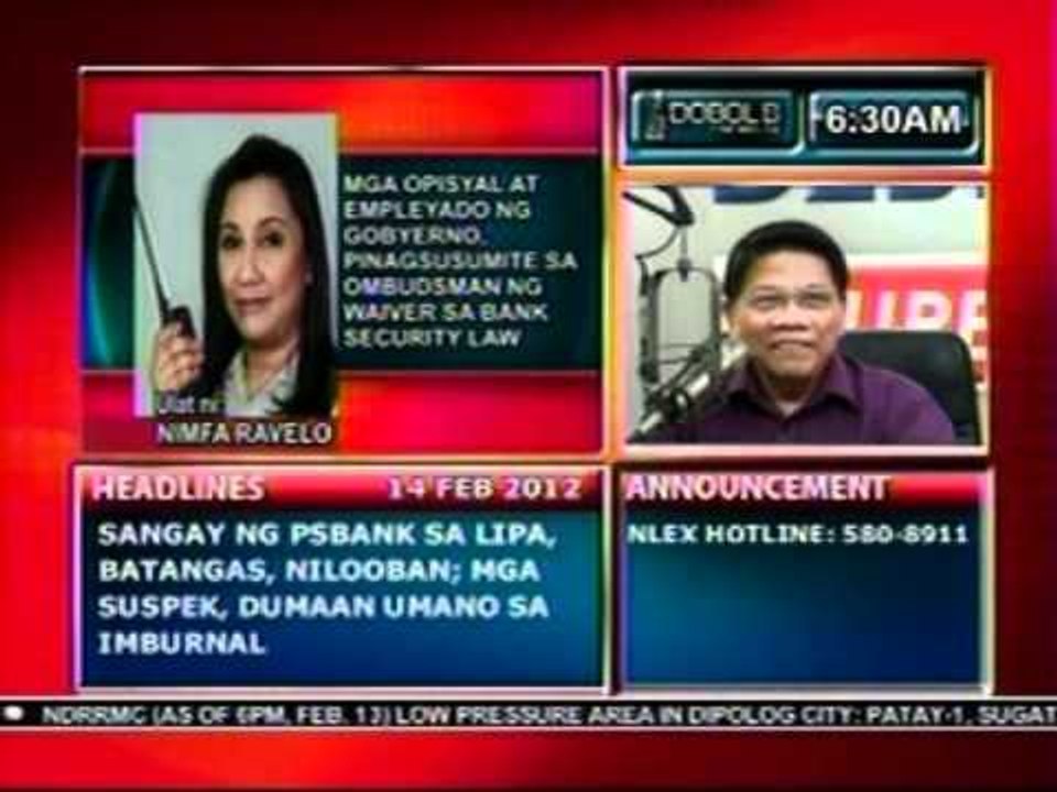 DB: Mga taga-Gobyerno, pinagsusumite sa Ombudsman ng waiver sa bank security law (021412)