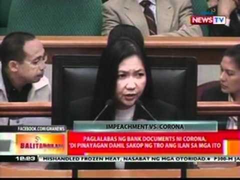 BT: Paglalabas ng bank documents ni Corona , 'di pinayagan dahil sakop ng TRO ang ilan sa mga ito