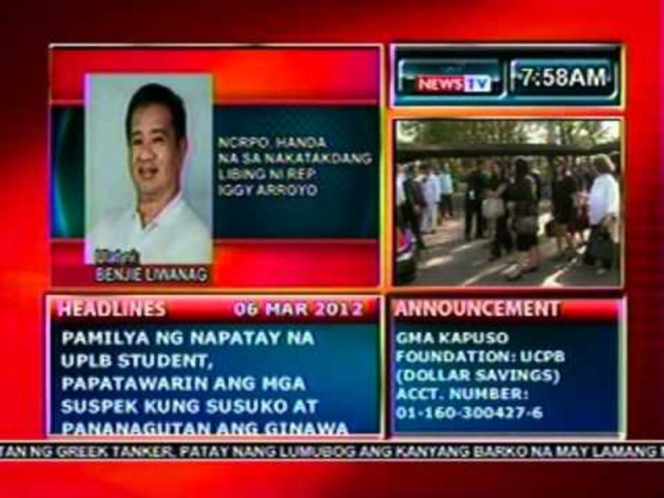 DB: NCRPO, handa na sa nakatakdang libing ni Rep. Iggy Arroyo (030612)