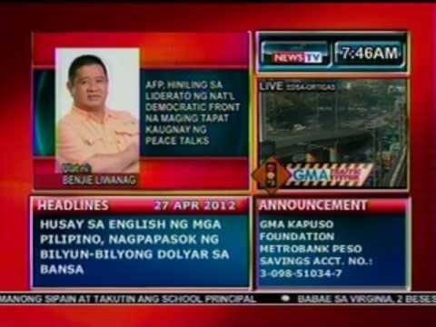 DB: AFP, hiniling sa liderato ng Nat'l Democratic Front na maging tapat sa peace talks (042712)