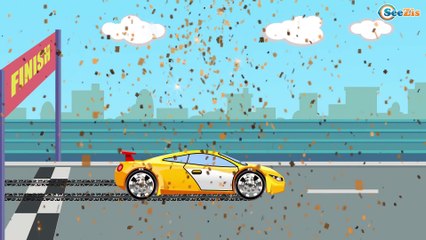 Yarış Arabası ve renkli piramit. Eğitici çizgi film/animasyon