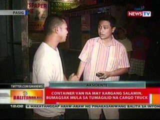 BT: Container van na may kargang salamin sa   Pasig, bumagsak mula sa tumagilid na   cargo truck