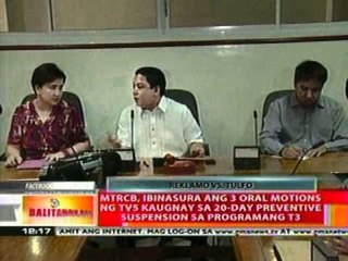 BT: MTRCB, ibinasura ang 3 oral motions ng TV5 sa 20-day preventive suspension sa   programang T3