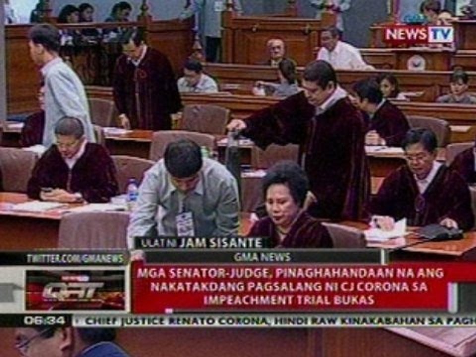 QRT: Mga senator-judge, pinaghahandaan na ang pagsalang ni CJ Corona sa impeachment bukas