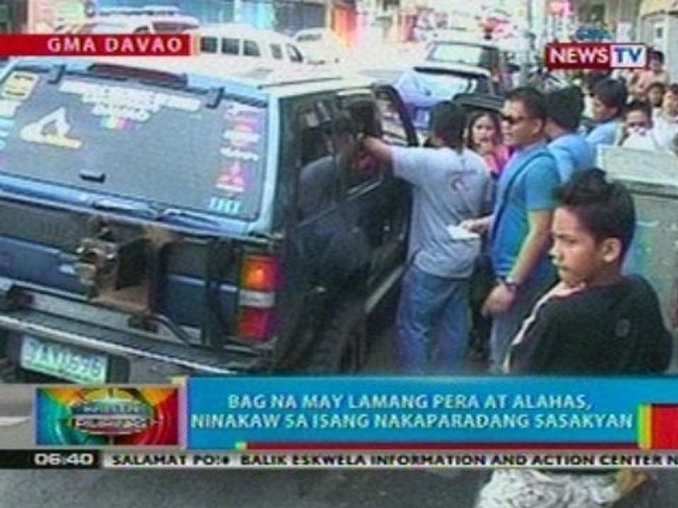 BP: Bag na may lamang pera at alahas sa   Davao, ninakaw sa isang nakaparadang   sasakyan