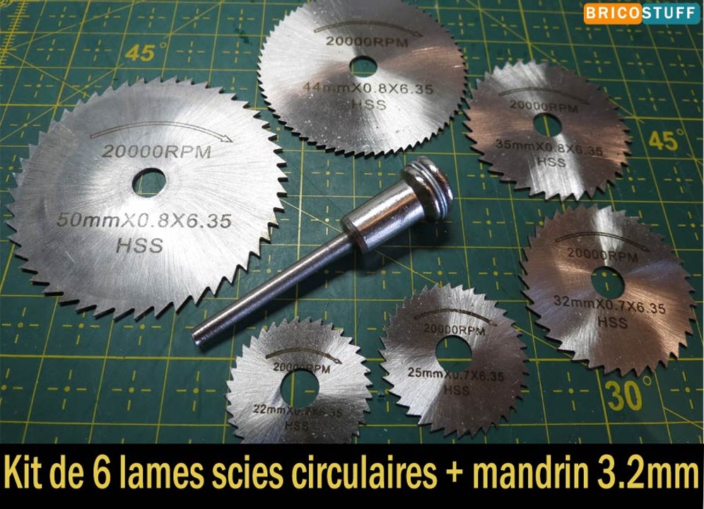 Jeu 6 lames scies circulaires acier HSS et mandrin 3.2mm accessoire Dremel Drillpro