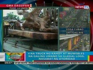 BP: 4 na truck ng kahoy at muwebles na   galing sa illegal logs sa La Union,   nasabat ng otoridad