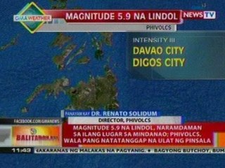 BT: Magnitude 5.9 na lindol, naramdaman sa   ilnag lugar sa Mindanao