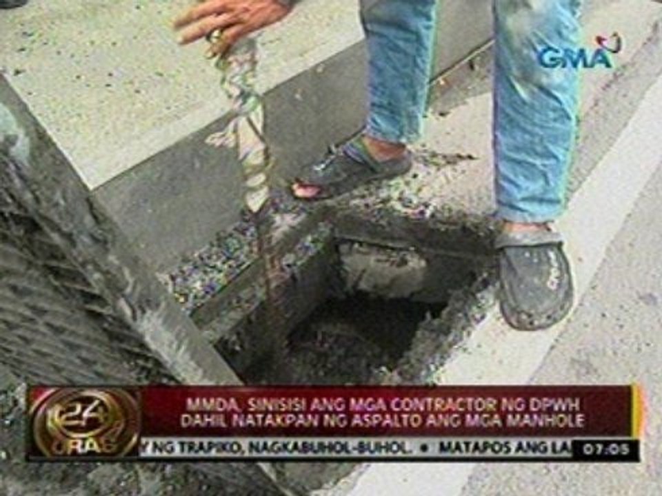 24 Oras: DPWH, sinisisi ang mga contractor ng DPWH dahil natakpan ng espalto ang mga manhole