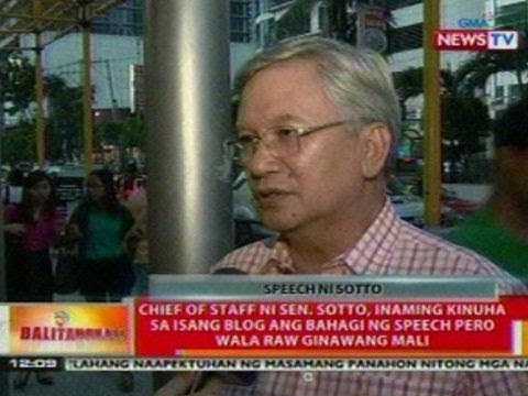 BT: Chief of Staff ni Sen. Sotto, inaming kinuha sa isang blog ang bahagi ng speech