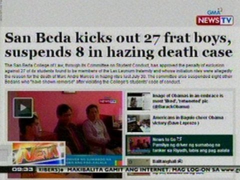 NTG: San Beda kicks out 27 frat boys, suspends 8 in hazing death case, banner ng GMA News Online