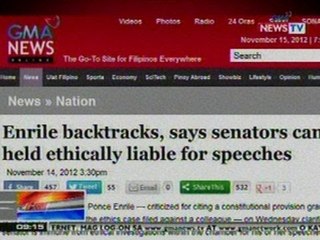 NTG: Enrile backtracks, says senators can be held ethically liable for speeches, isa sa pinag-usapan