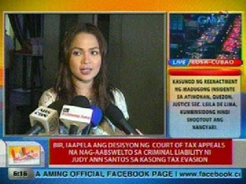 UB: BIR, iaapela ang desisyon na nag-aabswelto kay Judy Ann Santos sa kasong tax evasion