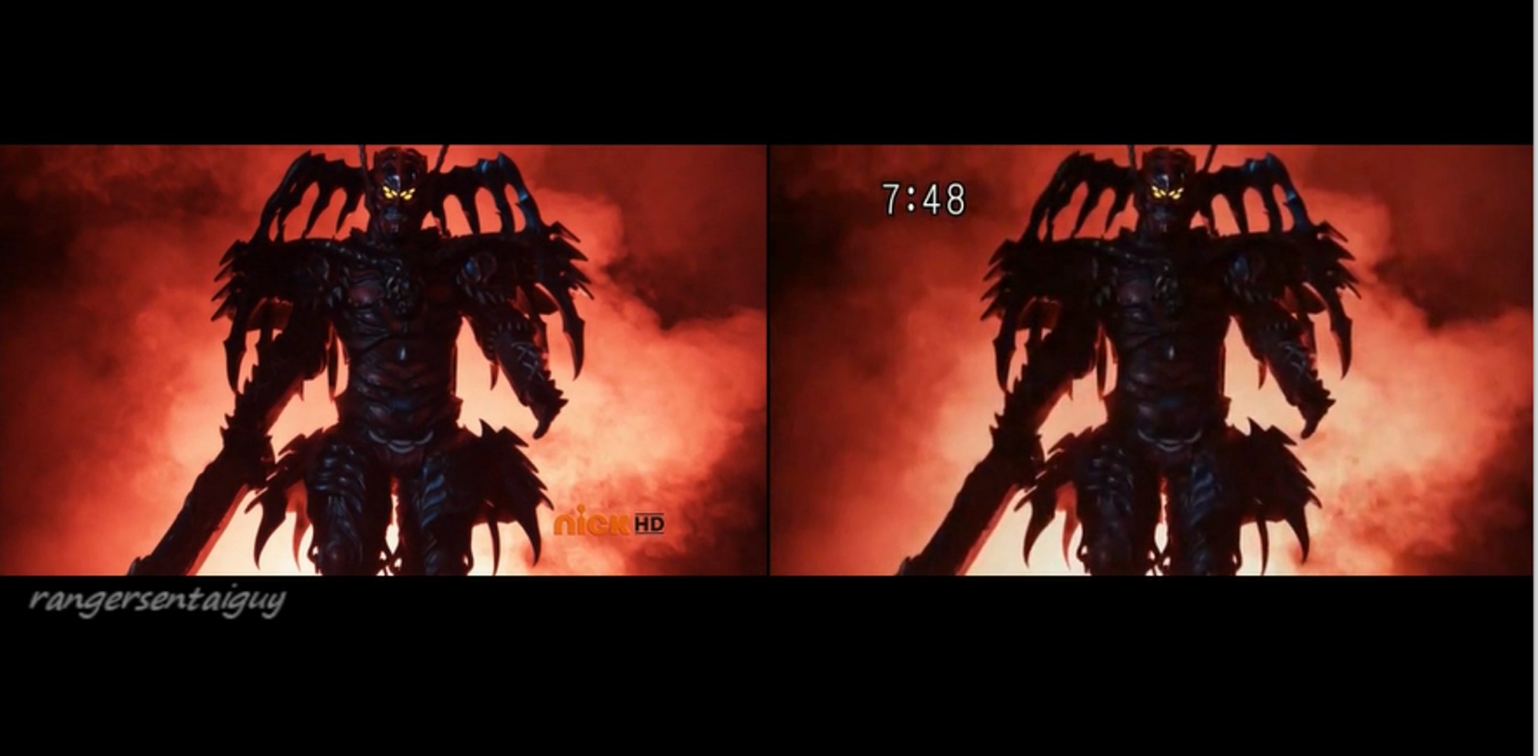 Power Rangers Super Samurai Red Ranger vs Xandred First Fight Split Screen  (PR and Sentai version), image size:2197x1080