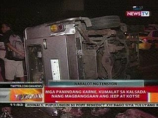 BT: Mga panindang karne, kumakalat sa kalsada nang magbanggaan ang jeep at kotse