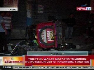 BT: Tricycle, wasak matapos tumbukin ng kotse sa Pasig