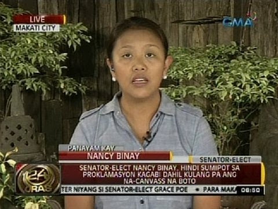 Senator-Elect Nancy Binay, iginiit na hindi dapat muna nagproklama ng mga senador ang Comelec