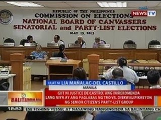 BT: Justice de Castro: Inirekomenda ang TRO vs disqualification ng Senior Citizen party-list