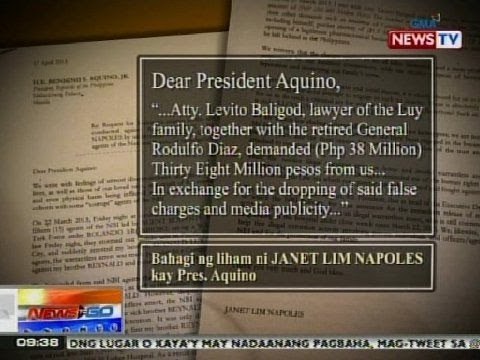NTG: Napoles, sumulat kay PNoy para humingi ng tulong mula sa pangingikil umano sa kanya ni Luy