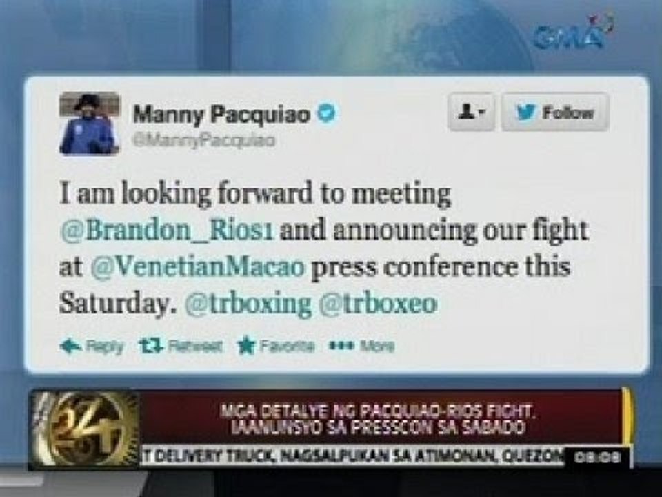 24 Oras: Mga detalye ng Pacquiao-Rios fight, iaanunsyo sa presscon sa Sabado