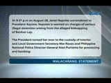 Palasyo: Janet Napoles, sumuko 9:37 PM ng Aug. 28 at itu-turn over sa kustodiya ng DILG at PNP