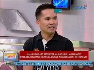 NAIA push cart retriever na nagsauli ng mahigit P200k, hinirang bilang Ambassador for Honesty