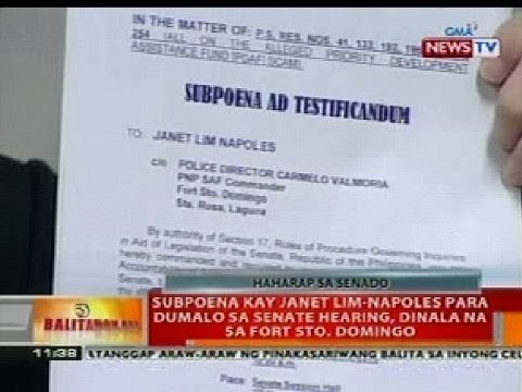 BT: Subpoena kay Janet Lim-Napoles para dumalo sa senate hearing, dinala na sa Fort Sto. Domingo