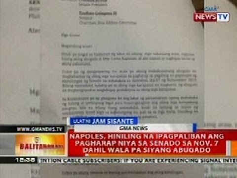 BT: Napoles, hiniling na ipagpaliban ang pagharap sa Senado sa Nov. 7 dahil wala pa siyang abugado