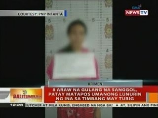 BT: 8 araw na gulang na sanggol, patay matapos umanong lunurin ng ina sa timbang may tubig