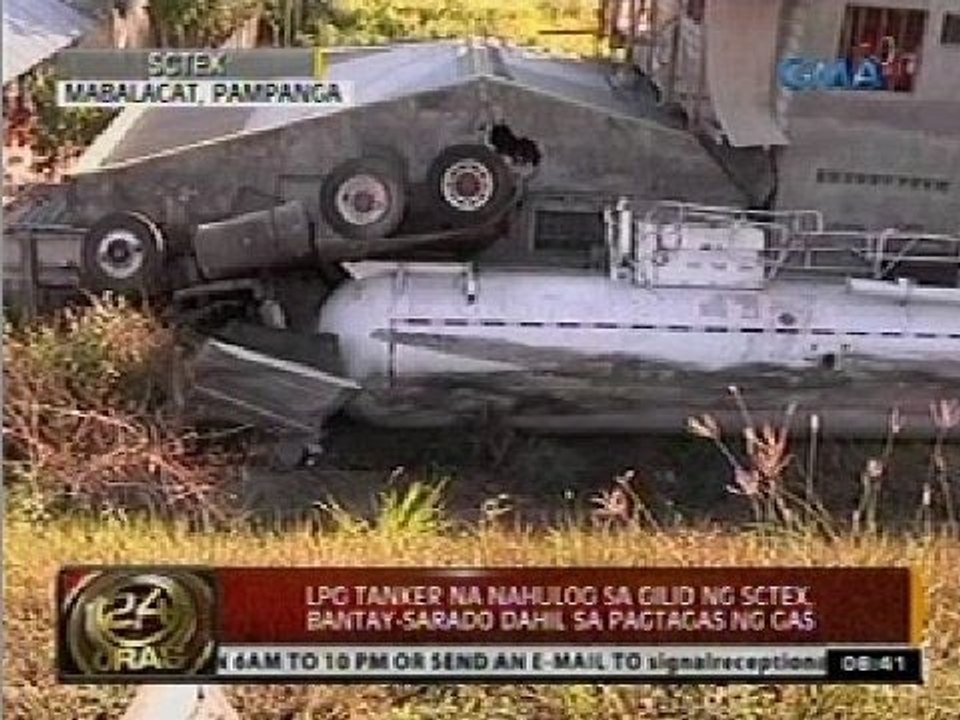 LPG tanker na nahulog sa gilid ng SCTEX, bantay-sarado dahil sa pagtagas ng gas