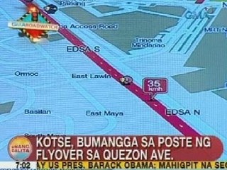 UB: Kotse, bumangga sa poste ng flyover sa Quezon Ave.