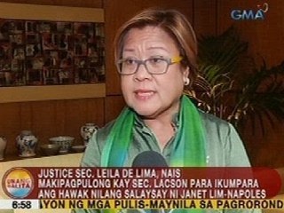 UB: De Lima, nais makipagpulong kay Lacson para ikumpara ang hawak nilang salaysay ni Napoles