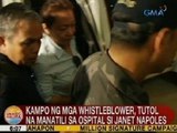 UB: Kampo ng mga whistleblower, tutol na manatili sa ospital si Janet Napoles