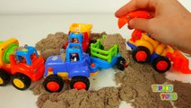 Vehicles for Toddlers! Dump Truck Cement Mixer Bulldozer and Tractor Working in Kinetic Sand