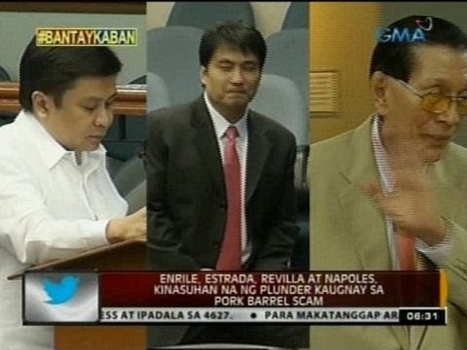24Oras: Enrile, Estrada, Revilla, at Napoles kinasuhan na ng plunder kaugnay sa pork barrel scam