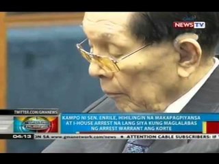Kampo ni Sen. Enrile, hihilingin na makapagpiyansa at i-house arrest na lang siya