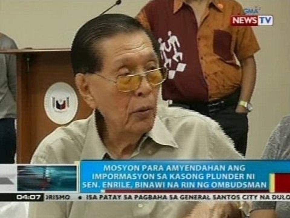 Mosyon para amyendahan ang impormasyon sa kasong  plunder ni Sen. Enrile, binawi na rin ng Ombudsman