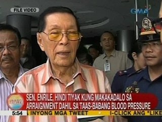 Sen. Enrile, hindi tiyak kung makakadalo sa arraignment dahil sa taas-babang blood pressure