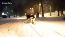 Snowboarding on the snow-filled streets of Bulgaria