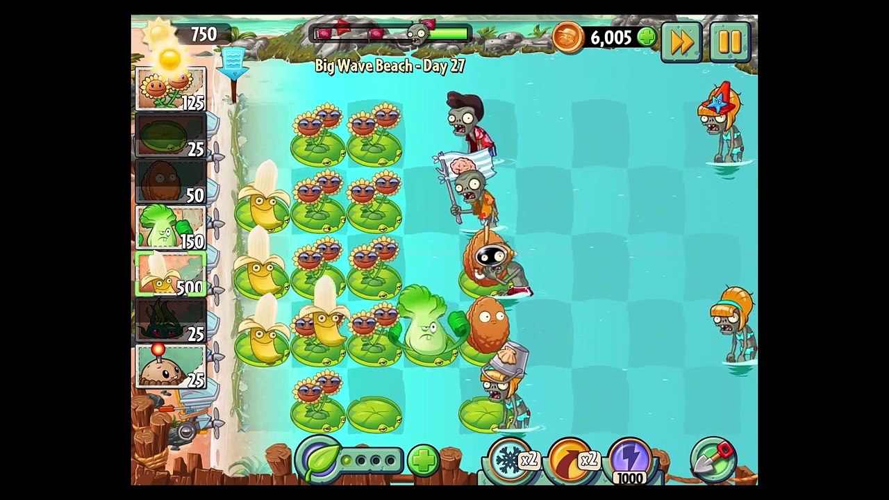 Растения против зомби 2 большая волна пляж Днем 27 новых заводов банана лаунчер