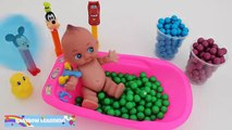 Learn Colors with Baby Doll Bath Time Playing with Disney Pez and Gumballs * RainbowLearning