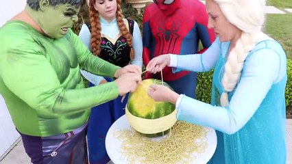 Spiderman & Frozen Elsa vs WATERMELON CHALLENGE w/ Frozen Anna & Hulk - Funny Superhero Video