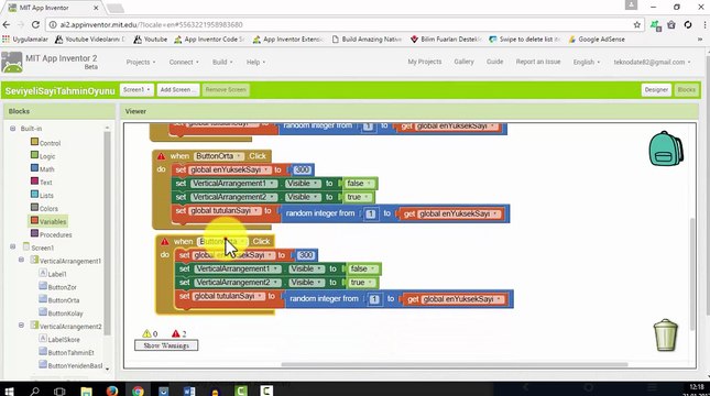 App Inventor 2 ile Zorluk Seviyeli Puanlı Sayı Tahmin Etme Oyunu