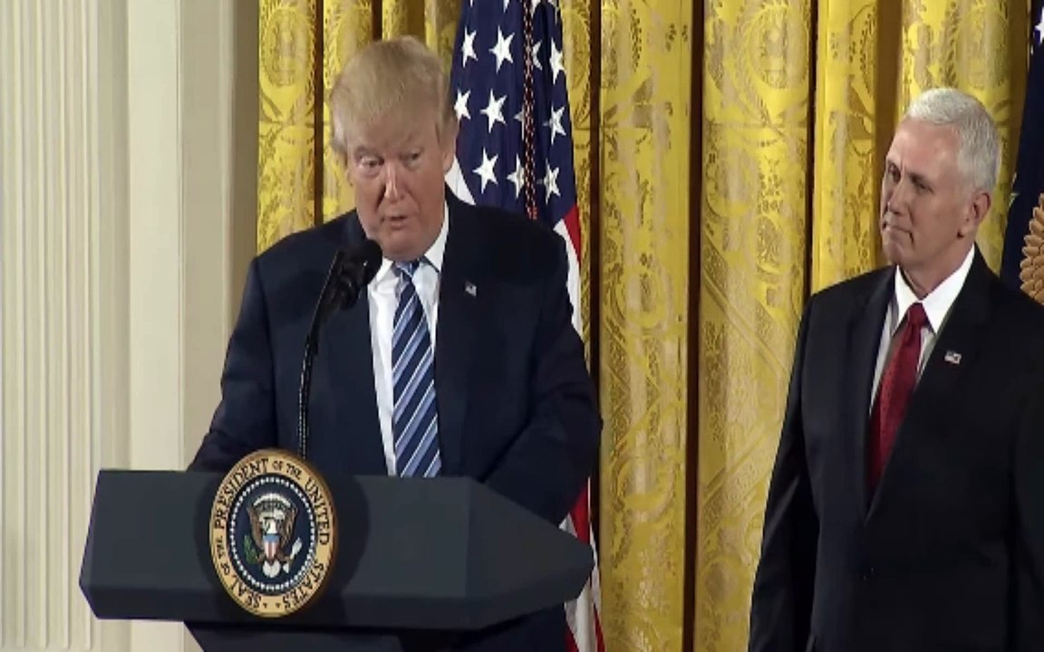 President Donald J. Trump attends the White House Senior Staff Swearing-In in the East Room.
